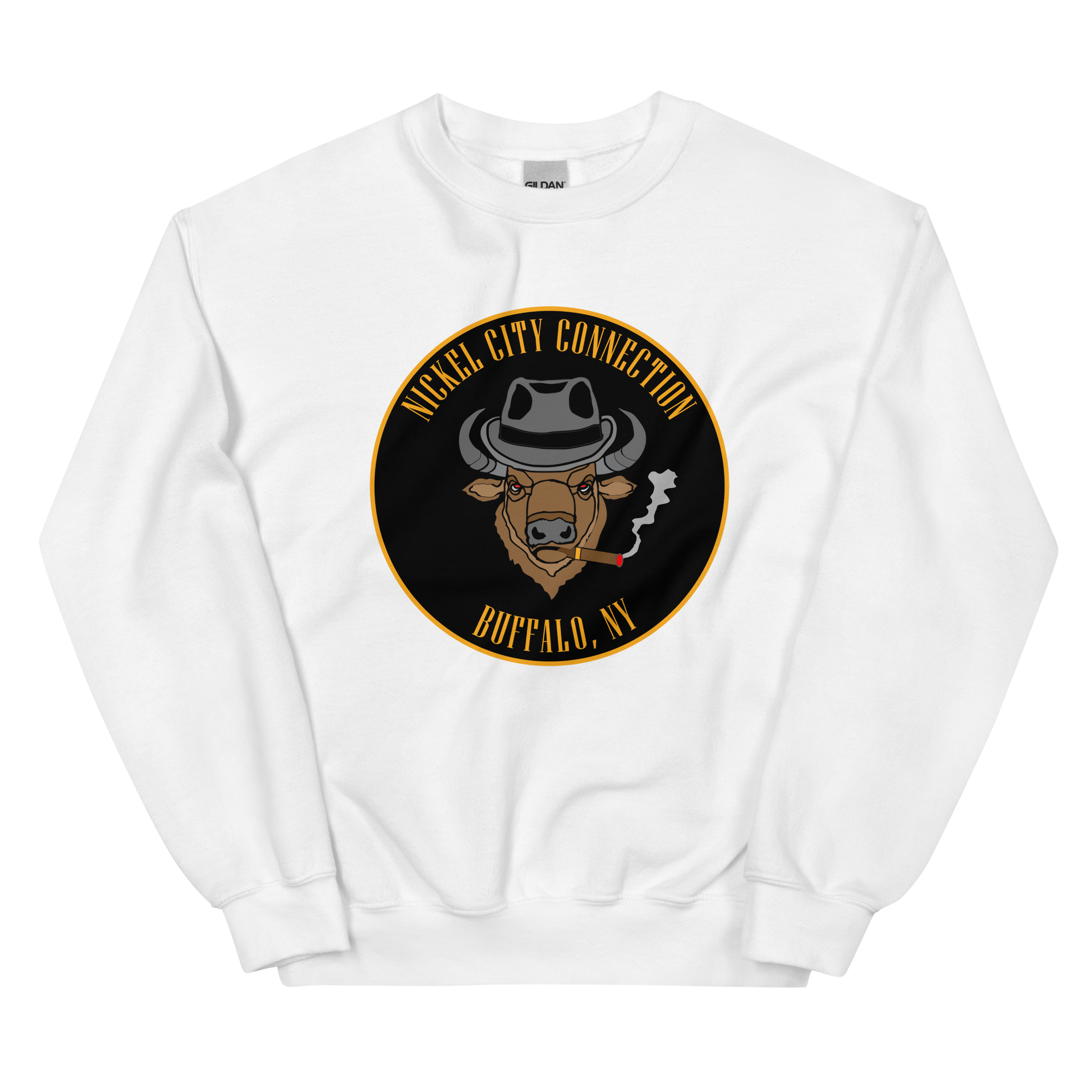 White sweatshirt with a Logo featuring a stylized bison head wearing a fedora, smoking a cigar with visible smoke. The circular design includes bold gold text reading 'Nickel City Connection' at the top and 'Buffalo, NY' at the bottom, outlined in gold against a black background.