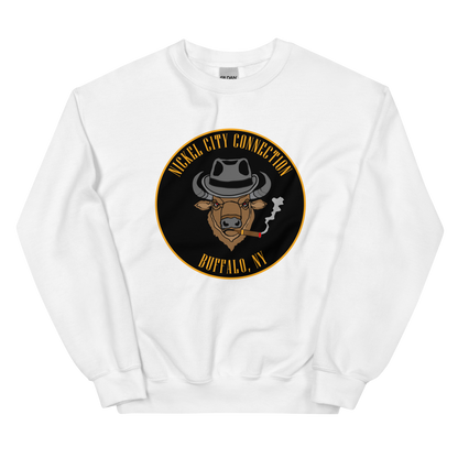 White sweatshirt with a Logo featuring a stylized bison head wearing a fedora, smoking a cigar with visible smoke. The circular design includes bold gold text reading 'Nickel City Connection' at the top and 'Buffalo, NY' at the bottom, outlined in gold against a black background.