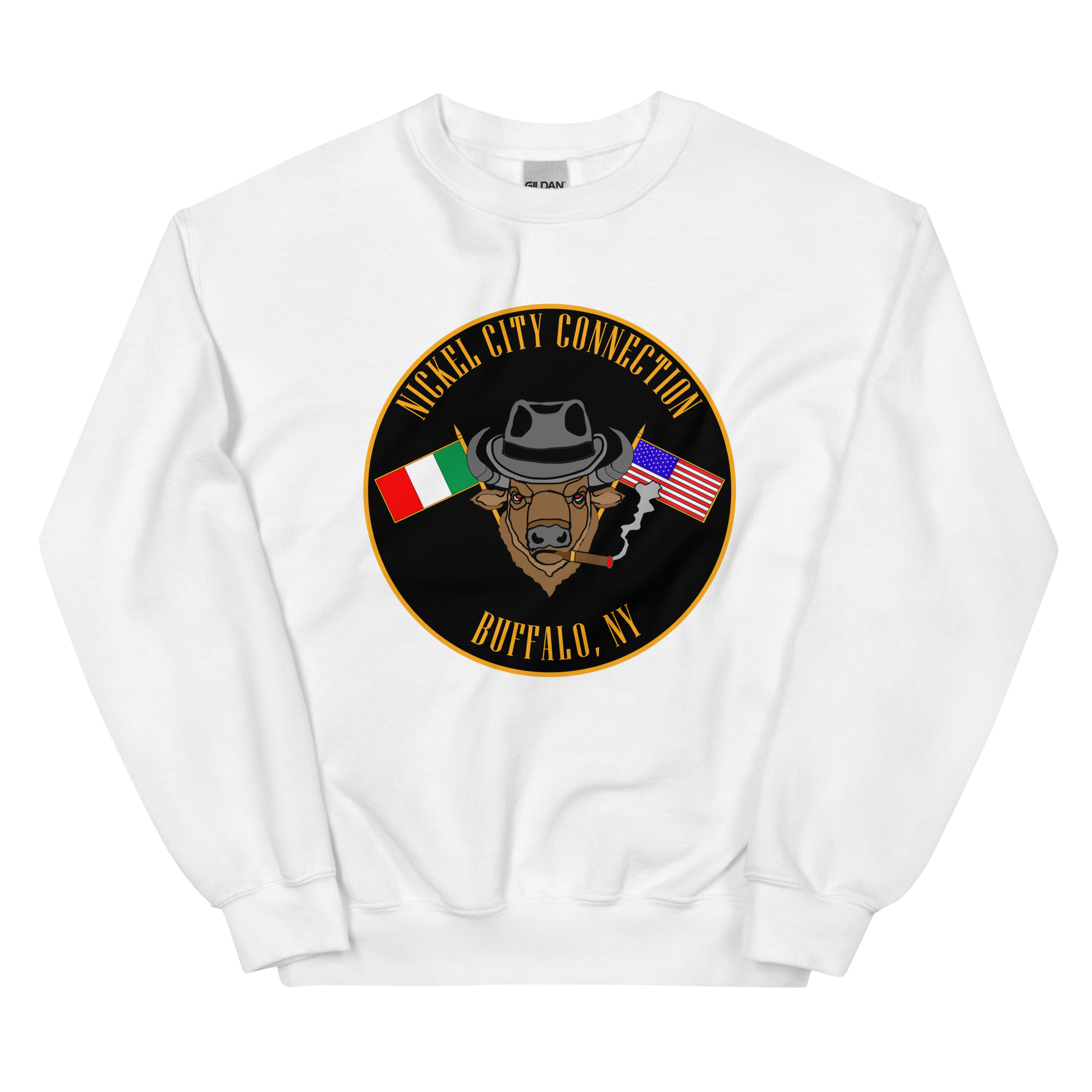 White sweatshirt with  Bison smoking a cigar and the Italian and U.S. Flags crossed.