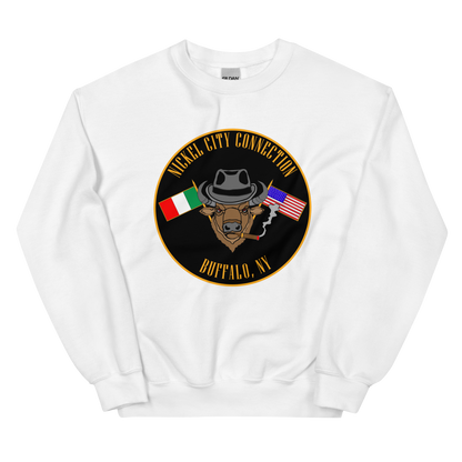 White sweatshirt with  Bison smoking a cigar and the Italian and U.S. Flags crossed.