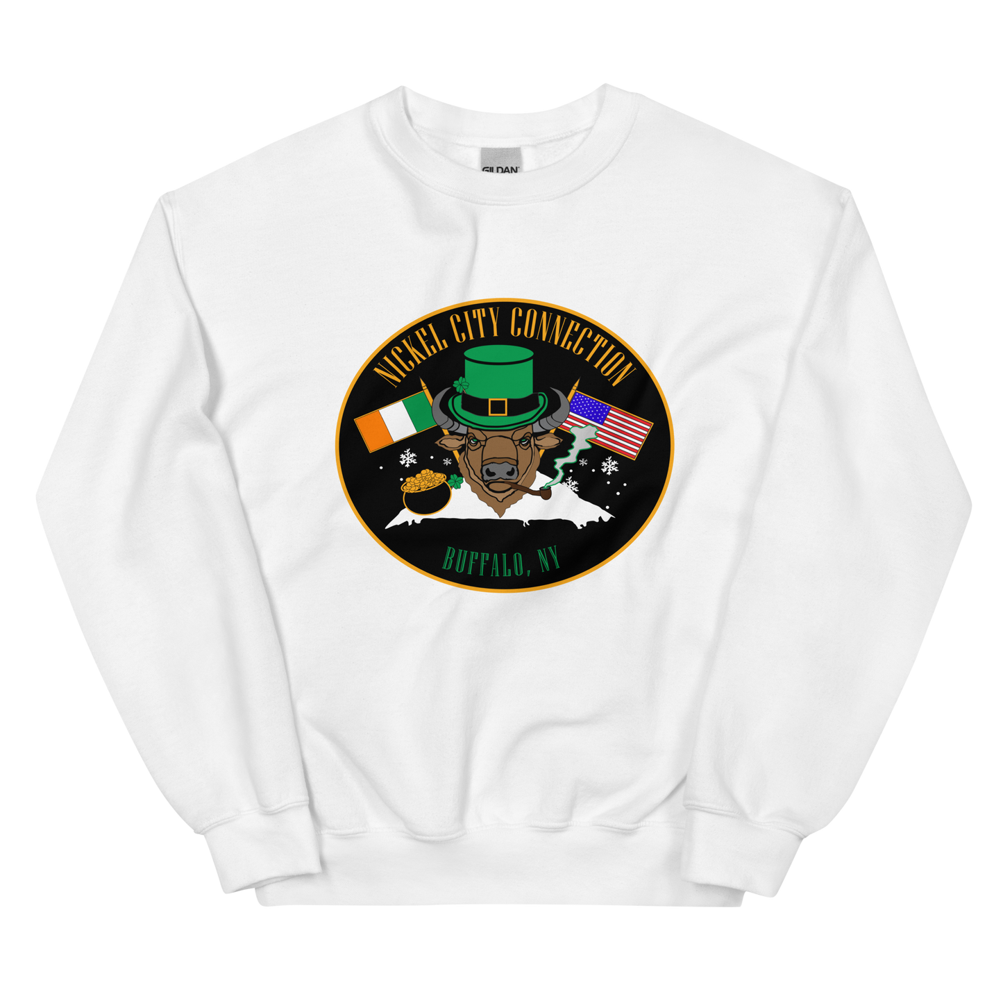 A festive design on a white sweatshirt featuring a bison wearing a green leprechaun hat and smoking a pipe. The background includes Irish and American flags, snowflakes, and a pot of gold. "Nickel City Connection" and "Buffalo, NY" are displayed in gold and green lettering.