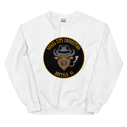 White sweatshirt with a Logo featuring a stylized bison head wearing a fedora, smoking a cigar with visible smoke. The circular design includes bold gold text reading 'Nickel City Connection' at the top and 'Buffalo, NY' at the bottom, outlined in gold against a black background.