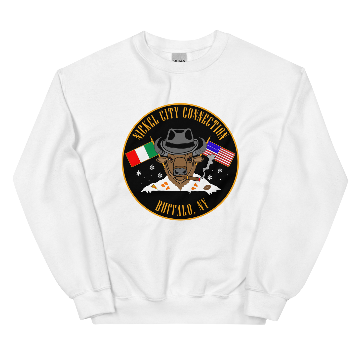 White sweatshirt with  Bison smoking a cigar and the Italian and U.S. Flags crossed.