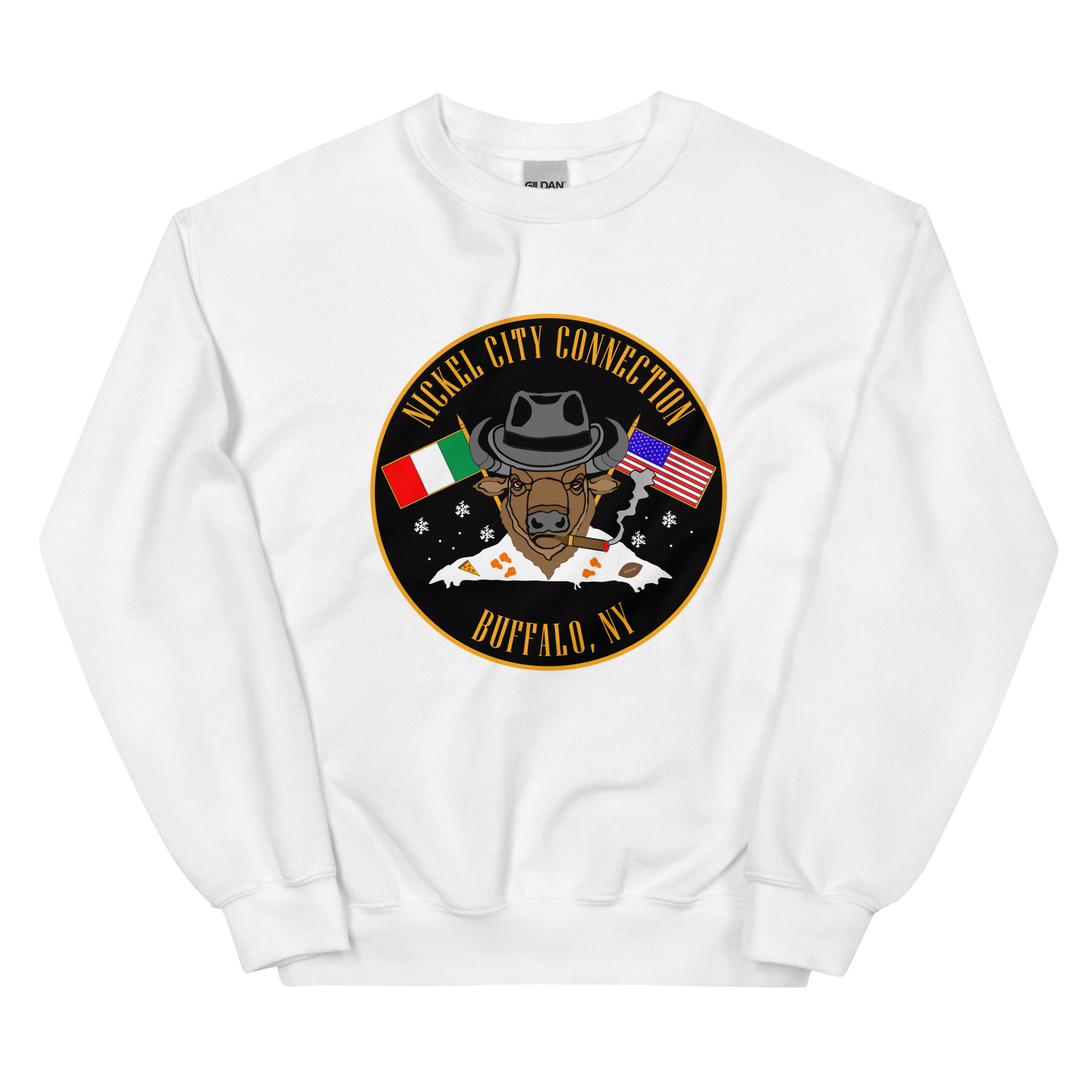White sweatshirt with  Bison smoking a cigar and the Italian and U.S. Flags crossed.