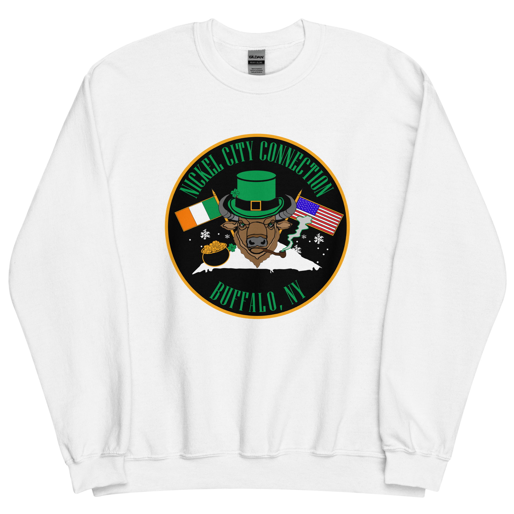 A festive design on a white sweatshirt featuring a bison wearing a green leprechaun hat and smoking a pipe. The background includes Irish and American flags, snowflakes, and a pot of gold. "Nickel City Connection" and "Buffalo, NY" are displayed in and green lettering.