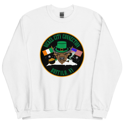 A festive design on a white sweatshirt featuring a bison wearing a green leprechaun hat and smoking a pipe. The background includes Irish and American flags, snowflakes, and a pot of gold. "Nickel City Connection" and "Buffalo, NY" are displayed in and green lettering.
