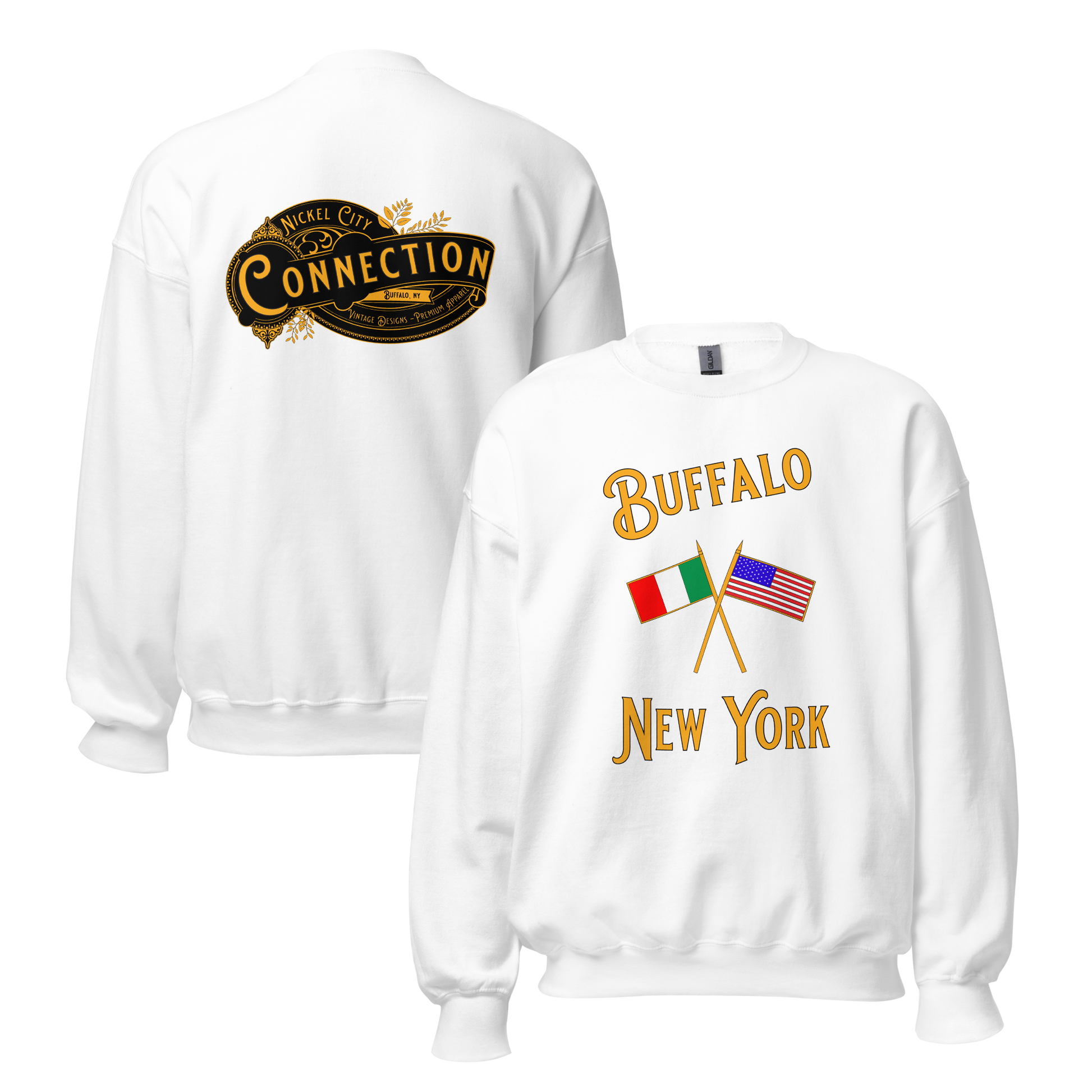 White sweatshirt. Buffalo New York on front with crossed Italian and US flags and back has graphic of Nickel City Connection.