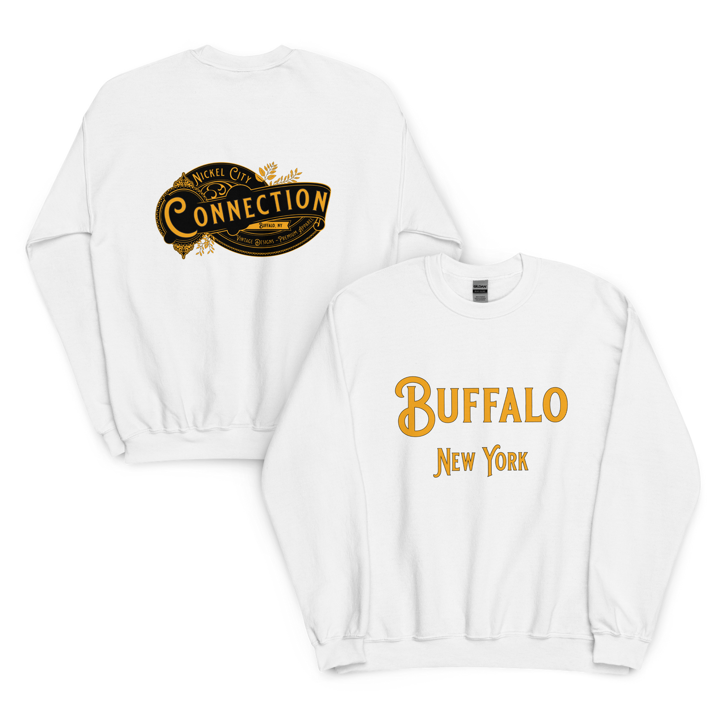 White sweatshirt. Nickel city connection vintage design on back and Buffalo, NY on front.