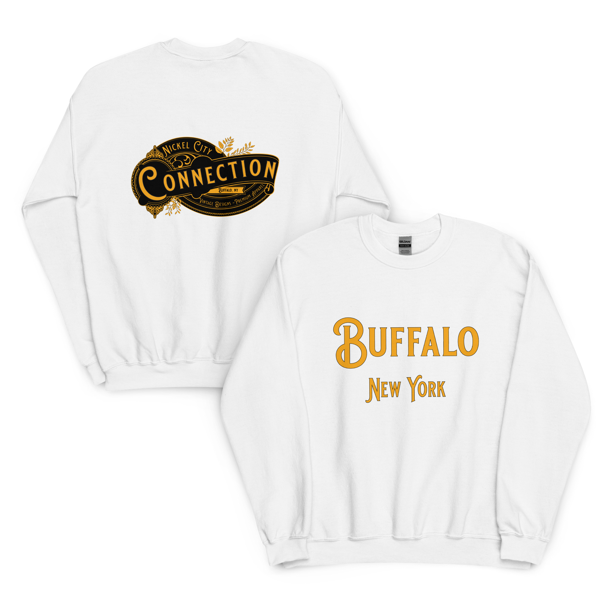 White sweatshirt. Nickel city connection vintage design on back and Buffalo, NY on front.