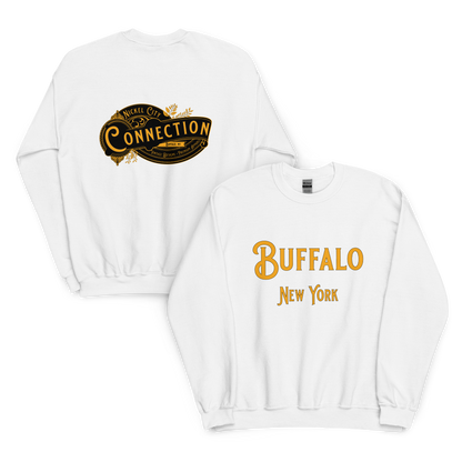 White sweatshirt. Nickel city connection vintage design on back and Buffalo, NY on front.