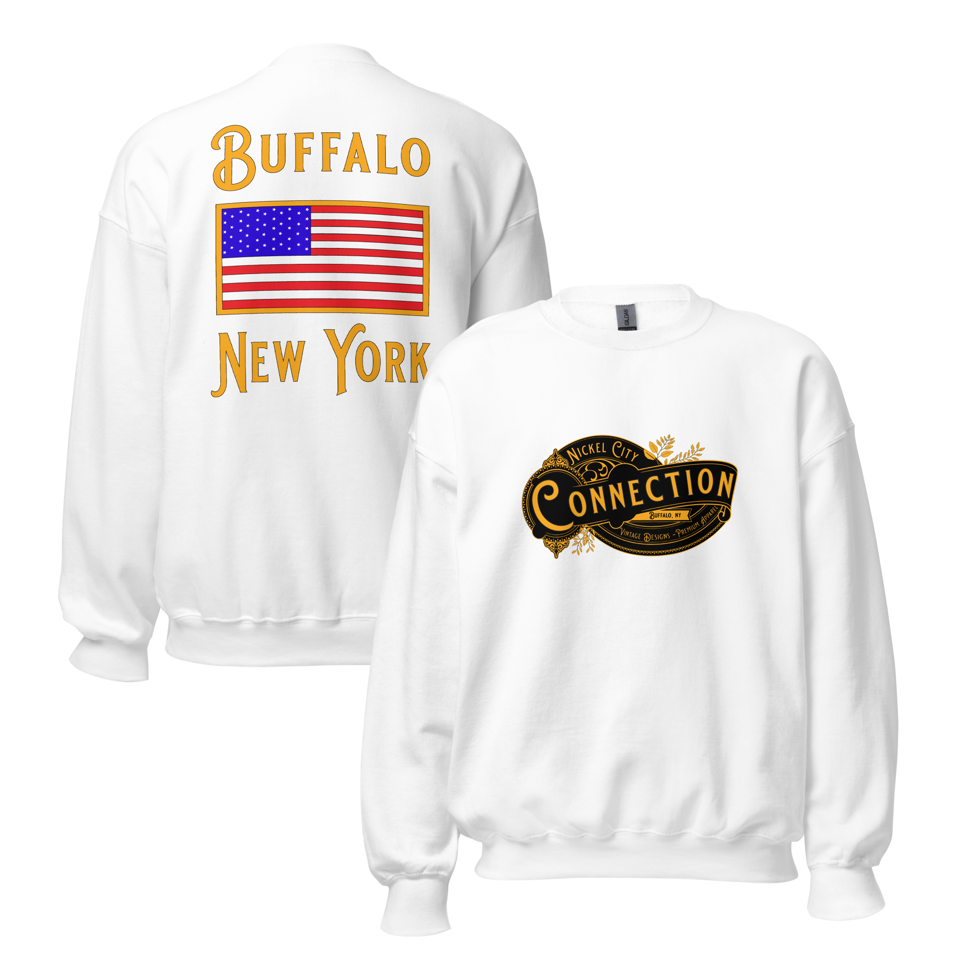 White sweatshirt. Nickel city connection design on front and US flag on back.