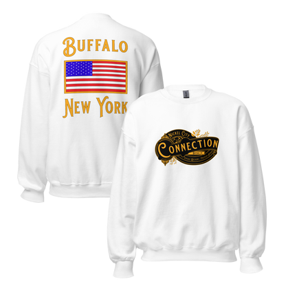 White sweatshirt. Nickel city connection design on front and US flag on back.