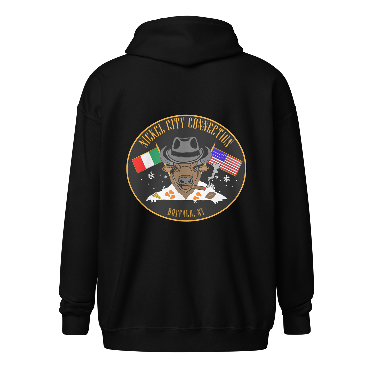 A black zip-up hoodie features a bold back design. A bison in a fedora smokes a cigar, flanked by Italian and American flags. Snowflakes, wings, pizza, and a football represent Buffalo, NY, with "Nickel City Connection" in gold lettering.