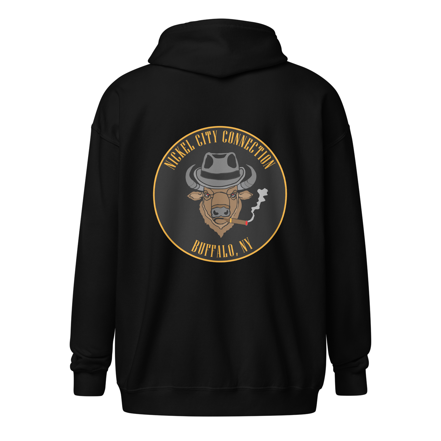 Black hooded sweatshirt (from back) featuring a centered back design of a buffalo head wearing a fedora and smoking a cigar. The circular emblem includes 'Nickel City Connection' at the top and 'Buffalo, NY' at the bottom in bold gold lettering on a black background.