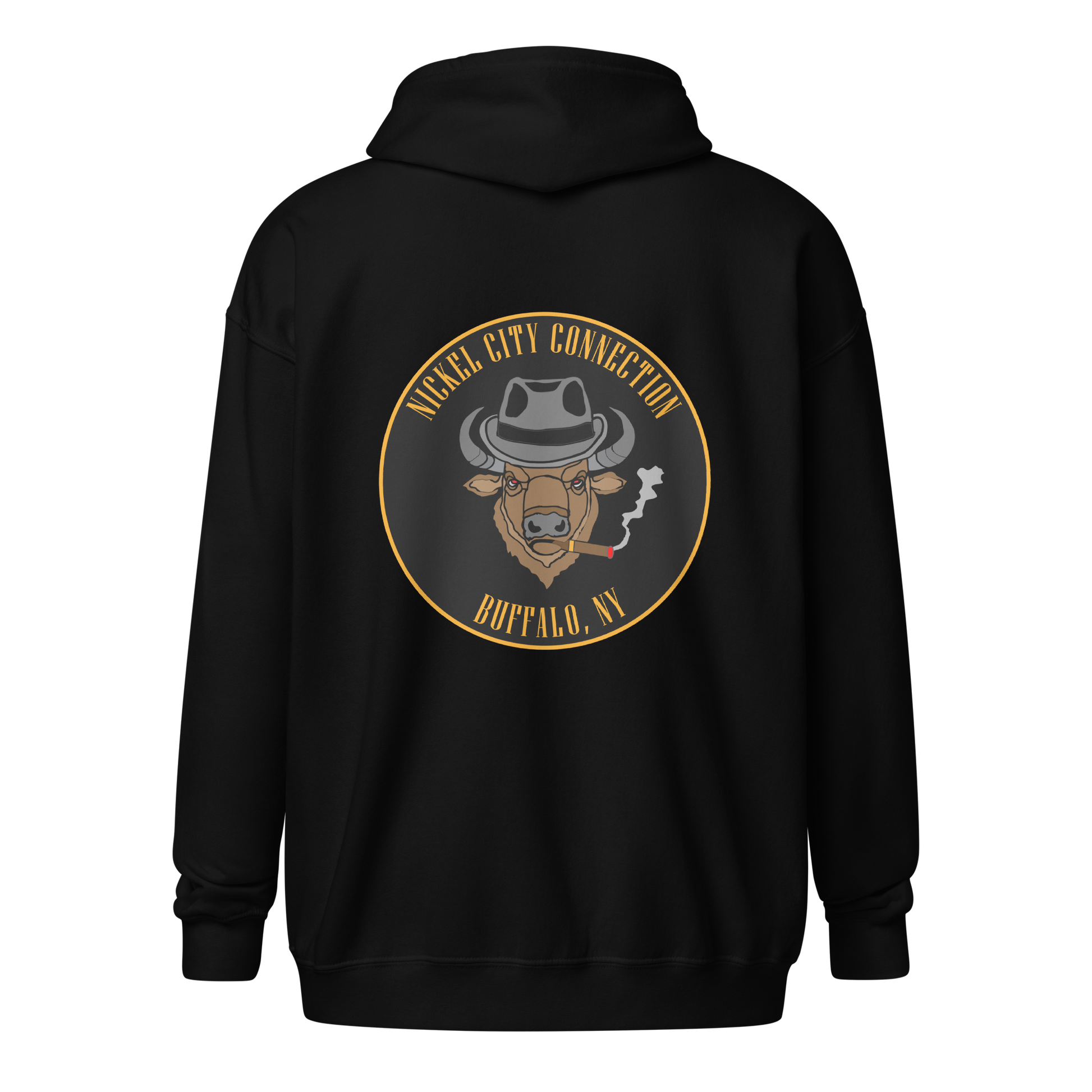 Black hooded sweatshirt (from back) featuring a centered back design of a buffalo head wearing a fedora and smoking a cigar. The circular emblem includes 'Nickel City Connection' at the top and 'Buffalo, NY' at the bottom in bold gold lettering on a black background.