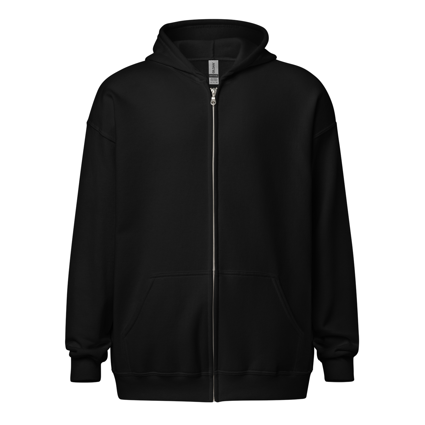 Black zip-up hoodie with a full-length silver zipper, two front pockets, and a relaxed fit. The hoodie has a minimalistic design with ribbed cuffs and hem, and a visible brand tag on the inside collar