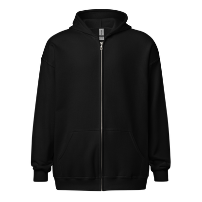 Black zip-up hoodie with a full-length silver zipper, two front pockets, and a relaxed fit. The hoodie has a minimalistic design with ribbed cuffs and hem, and a visible brand tag on the inside collar