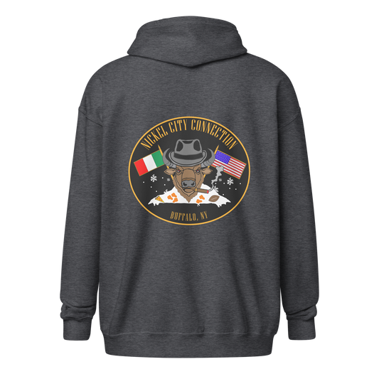 A dark gray zip-up hoodie features a bold back design. A bison in a fedora smokes a cigar, flanked by Italian and American flags. Snowflakes, wings, pizza, and a football represent Buffalo, NY, with "Nickel City Connection" in gold lettering.