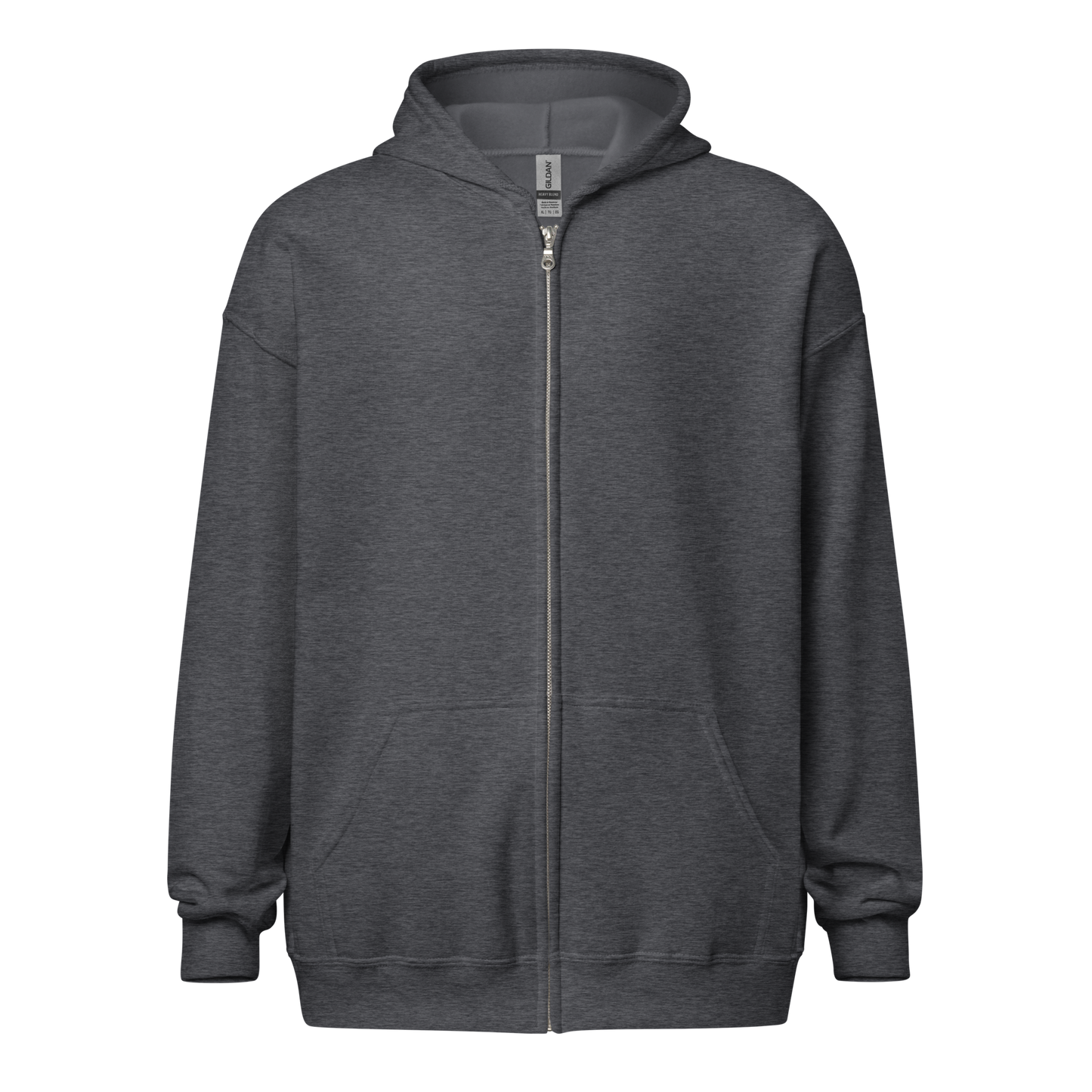 Grey zip-up hoodie with a full-length silver zipper, two front pockets, and a relaxed fit. The hoodie has a minimalistic design with ribbed cuffs and hem, and a visible brand tag on the inside collar