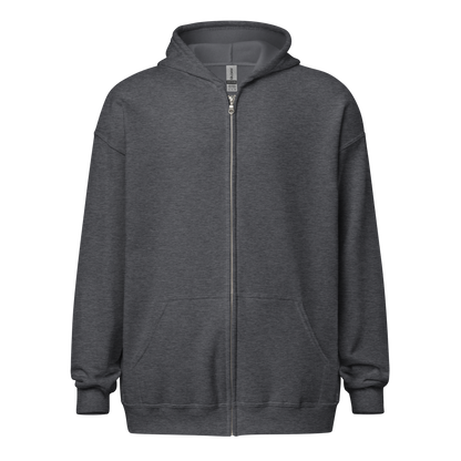 Grey zip-up hoodie with a full-length silver zipper, two front pockets, and a relaxed fit. The hoodie has a minimalistic design with ribbed cuffs and hem, and a visible brand tag on the inside collar