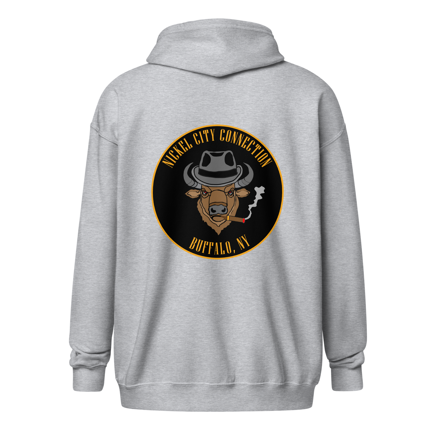 Grey hooded sweatshirt (from back) featuring a centered back design of a buffalo head wearing a fedora and smoking a cigar. The circular emblem includes 'Nickel City Connection' at the top and 'Buffalo, NY' at the bottom in bold gold lettering on a black background.