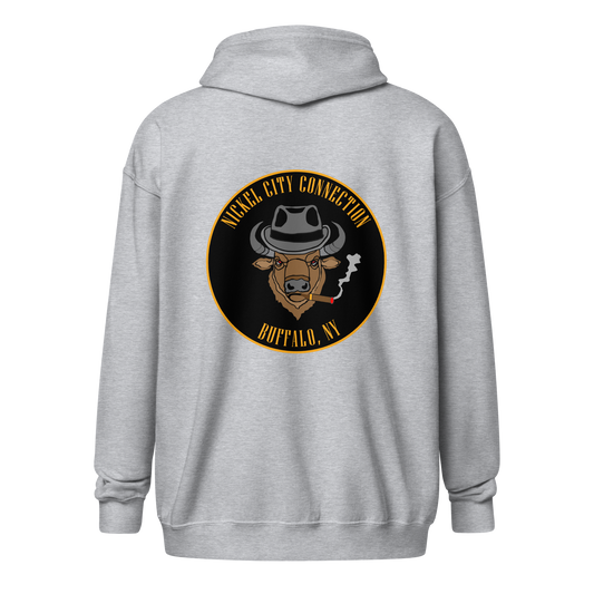 Grey hooded sweatshirt (from back) featuring a centered back design of a buffalo head wearing a fedora and smoking a cigar. The circular emblem includes 'Nickel City Connection' at the top and 'Buffalo, NY' at the bottom in bold gold lettering on a black background.