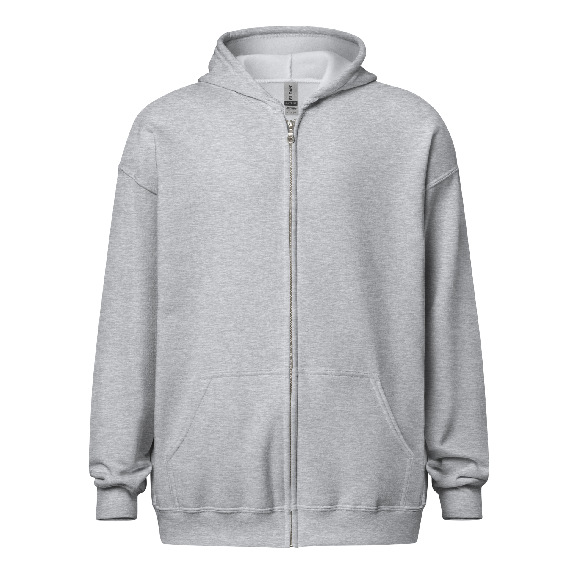 Grey zip-up hoodie with a full-length silver zipper, two front pockets, and a relaxed fit. The hoodie has a minimalistic design with ribbed cuffs and hem, and a visible brand tag on the inside collar.