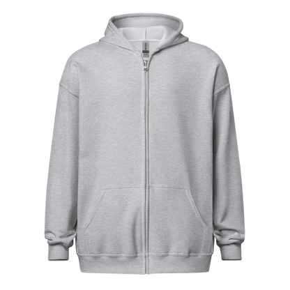 Grey zip-up hoodie with a full-length silver zipper, two front pockets, and a relaxed fit. The hoodie has a minimalistic design with ribbed cuffs and hem, and a visible brand tag on the inside collar.