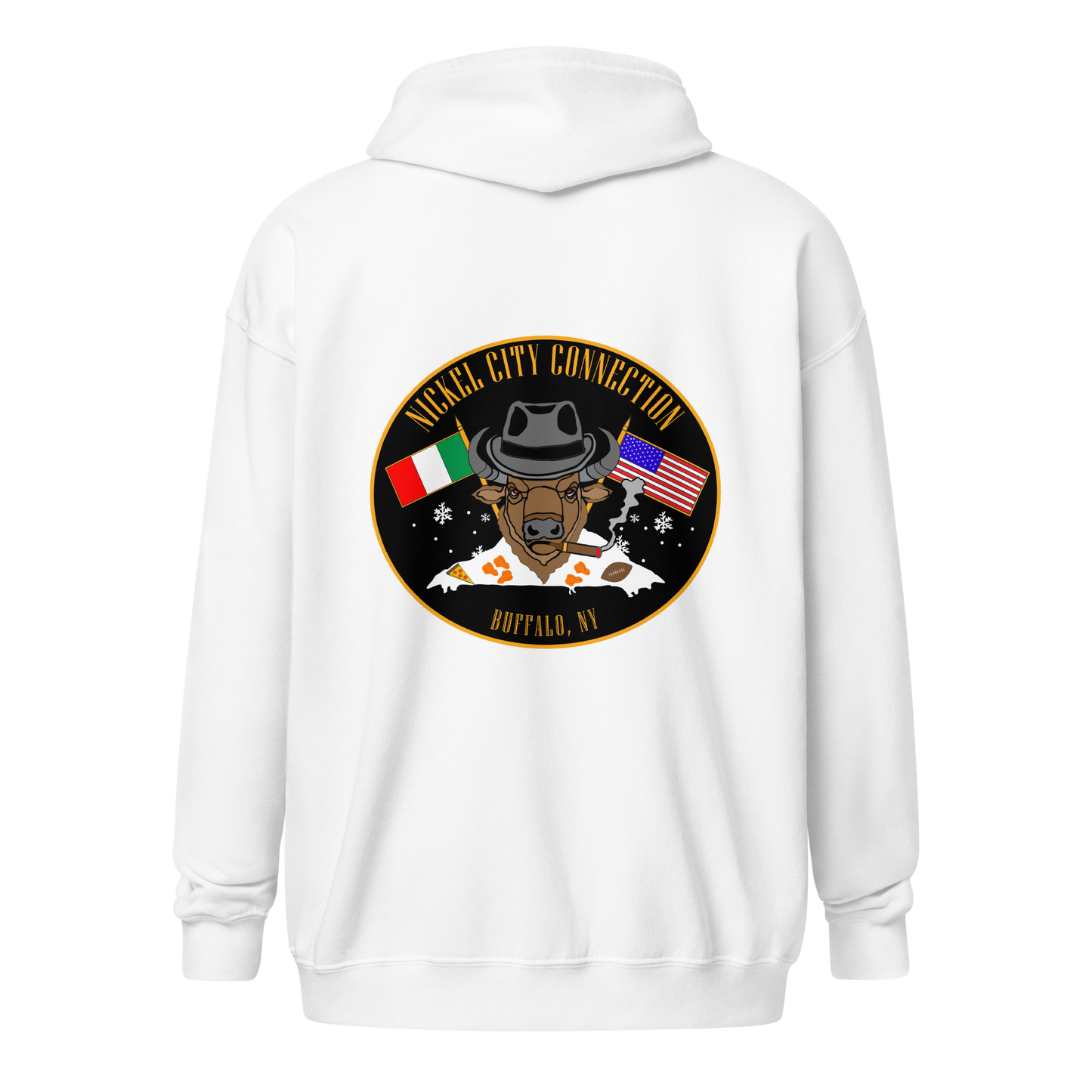 A  white zip-up hoodie features a bold back design. A bison in a fedora smokes a cigar, flanked by Italian and American flags. Snowflakes, wings, pizza, and a football represent Buffalo, NY, with "Nickel City Connection" in gold lettering.