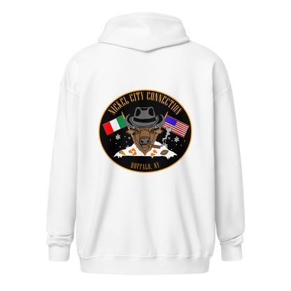 A  white zip-up hoodie features a bold back design. A bison in a fedora smokes a cigar, flanked by Italian and American flags. Snowflakes, wings, pizza, and a football represent Buffalo, NY, with "Nickel City Connection" in gold lettering.