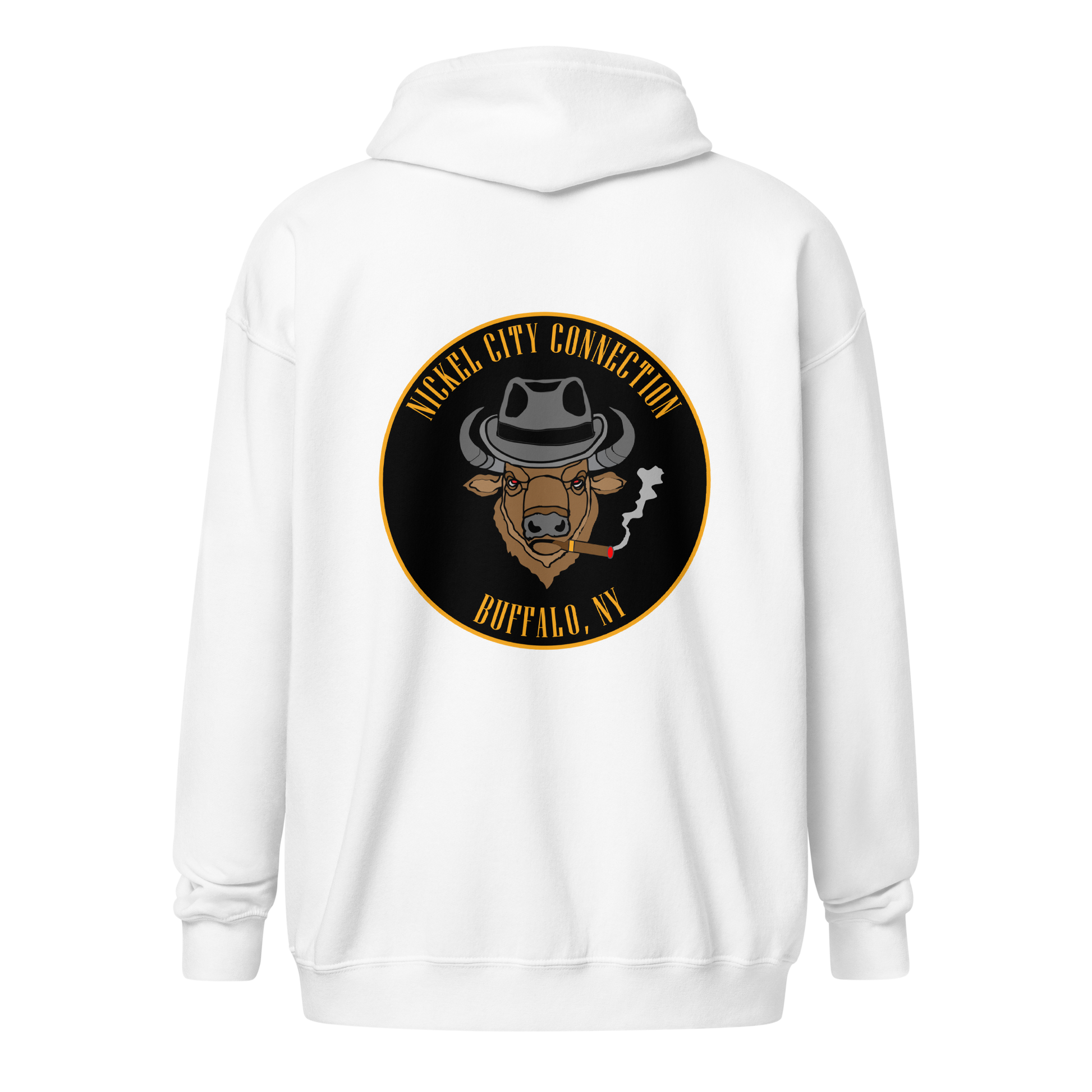 White hooded sweatshirt (from back) featuring a centered back design of a buffalo head wearing a fedora and smoking a cigar. The circular emblem includes 'Nickel City Connection' at the top and 'Buffalo, NY' at the bottom in bold gold lettering on a black background.