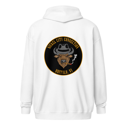 White hooded sweatshirt (from back) featuring a centered back design of a buffalo head wearing a fedora and smoking a cigar. The circular emblem includes 'Nickel City Connection' at the top and 'Buffalo, NY' at the bottom in bold gold lettering on a black background.