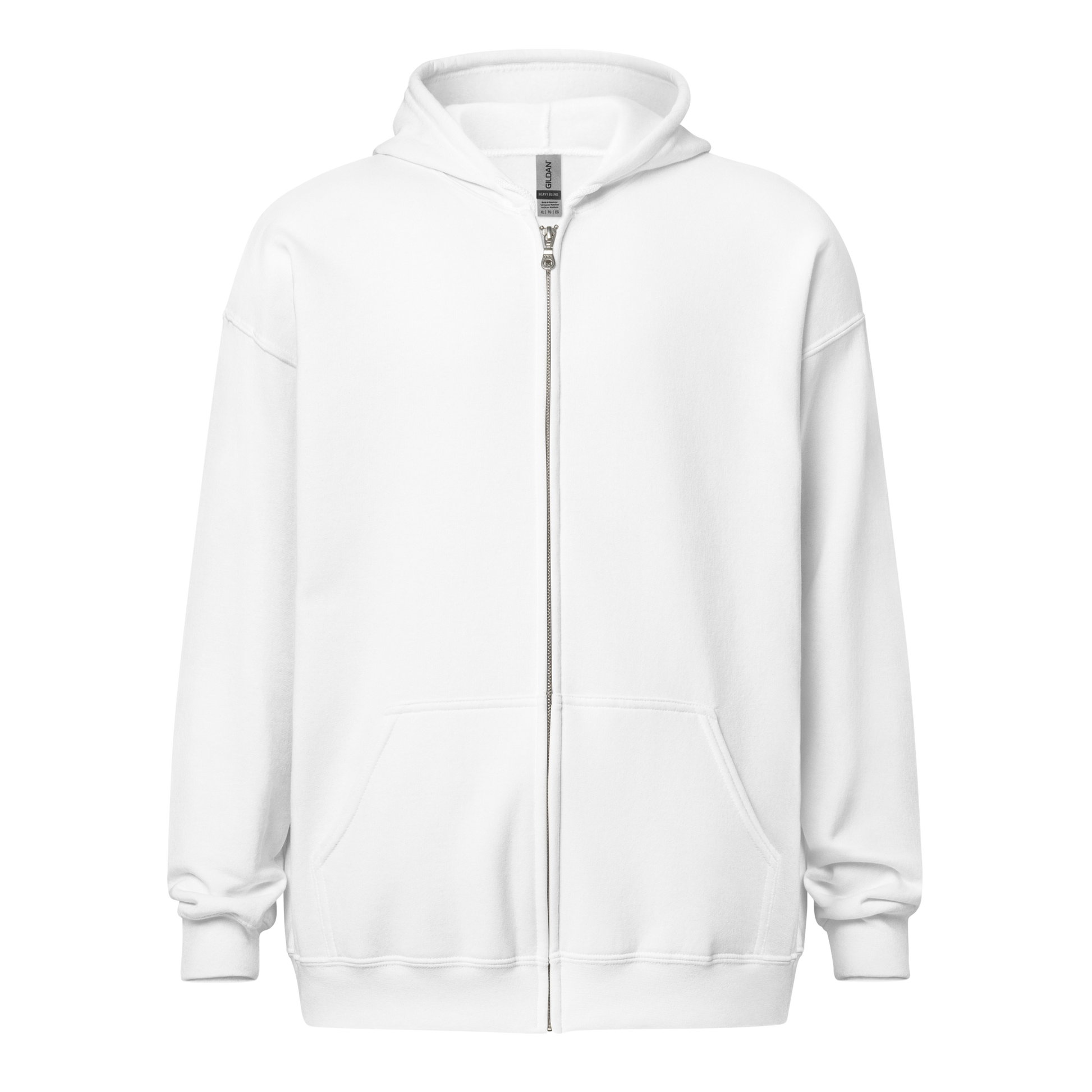 White zip-up hoodie with a full-length silver zipper, two front pockets, and a relaxed fit. The hoodie has a minimalistic design with ribbed cuffs and hem, and a visible brand tag on the inside collar