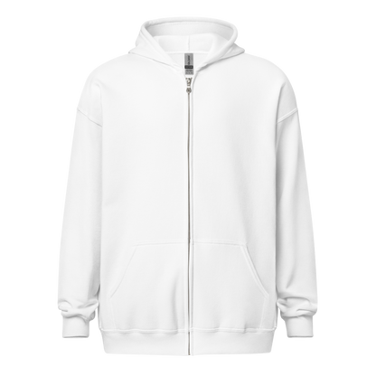 White zip-up hoodie with a full-length silver zipper, two front pockets, and a relaxed fit. The hoodie has a minimalistic design with ribbed cuffs and hem, and a visible brand tag on the inside collar