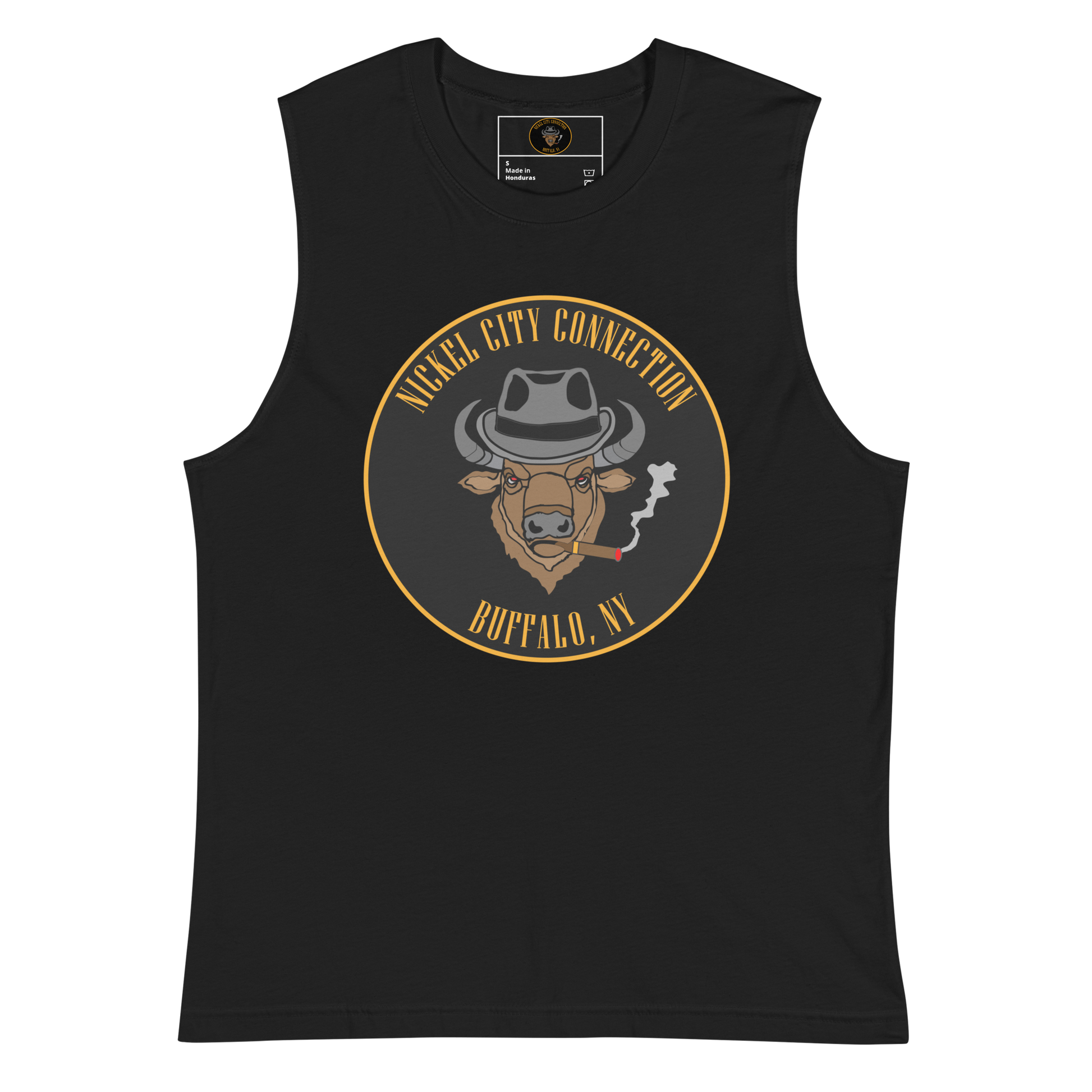 Black  muscle shirt with a Logo featuring a stylized bison head wearing a fedora, smoking a cigar with visible smoke. The circular design includes bold gold text reading 'Nickel City Connection' at the top and 'Buffalo, NY' at the bottom, outlined in gold against a black background.