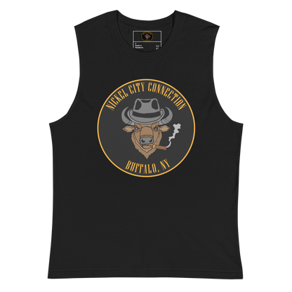 Black  muscle shirt with a Logo featuring a stylized bison head wearing a fedora, smoking a cigar with visible smoke. The circular design includes bold gold text reading 'Nickel City Connection' at the top and 'Buffalo, NY' at the bottom, outlined in gold against a black background.