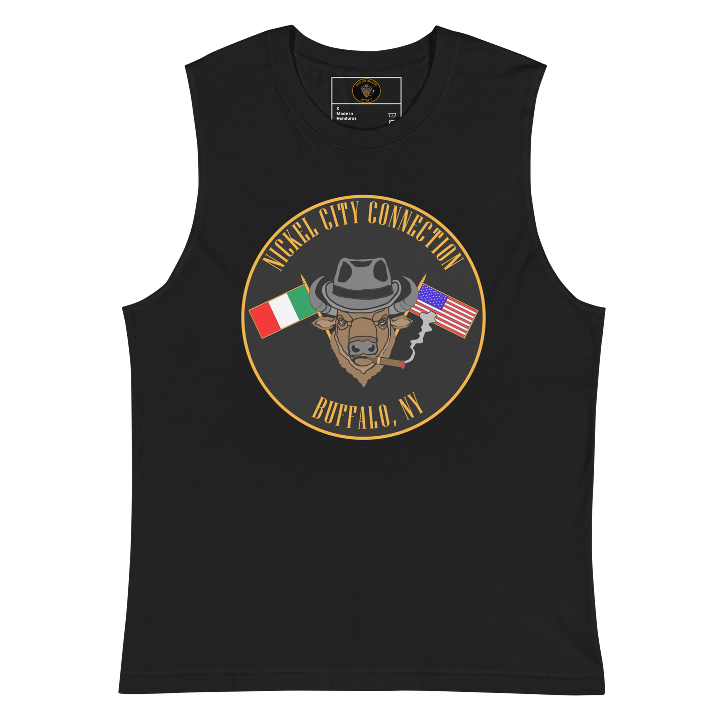 Black muscle shirt with  Bison smoking a cigar and the Italian and U.S. Flags crossed.