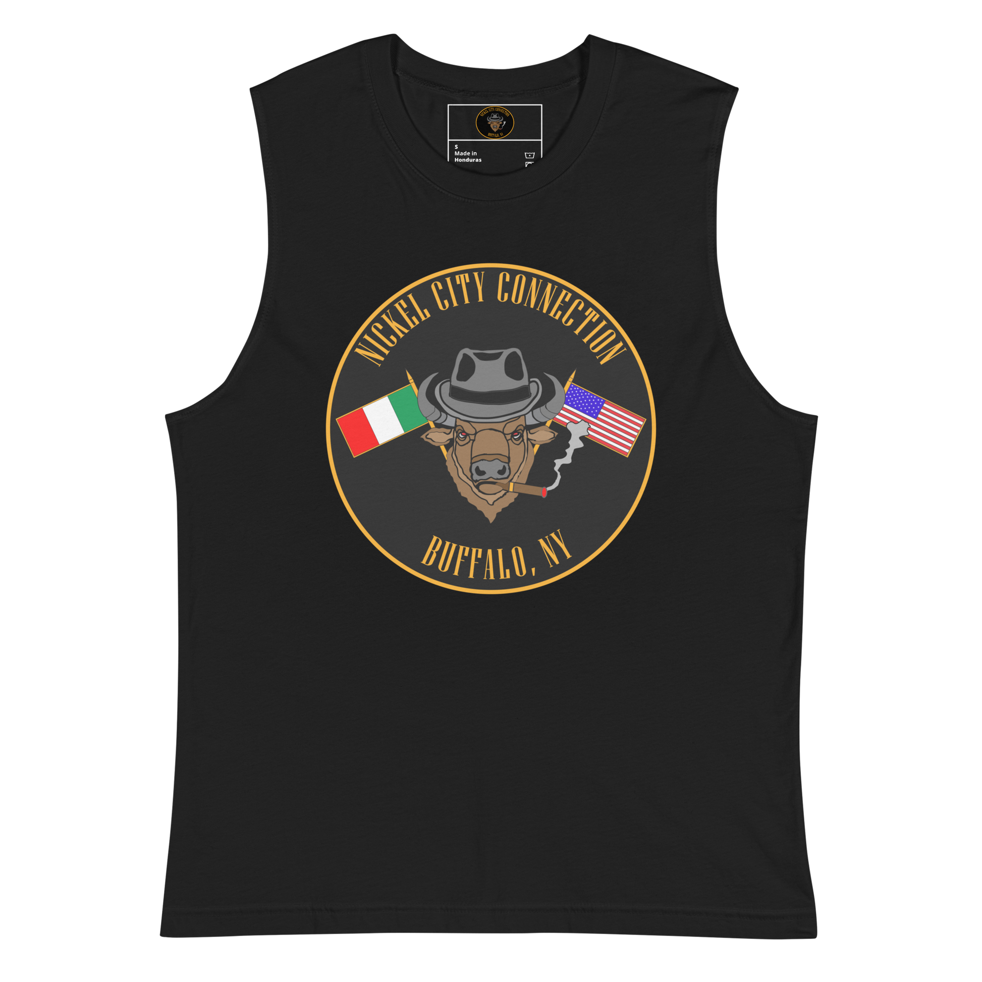 Black muscle shirt with  Bison smoking a cigar and the Italian and U.S. Flags crossed.