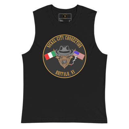 Black muscle shirt with  Bison smoking a cigar and the Italian and U.S. Flags crossed.