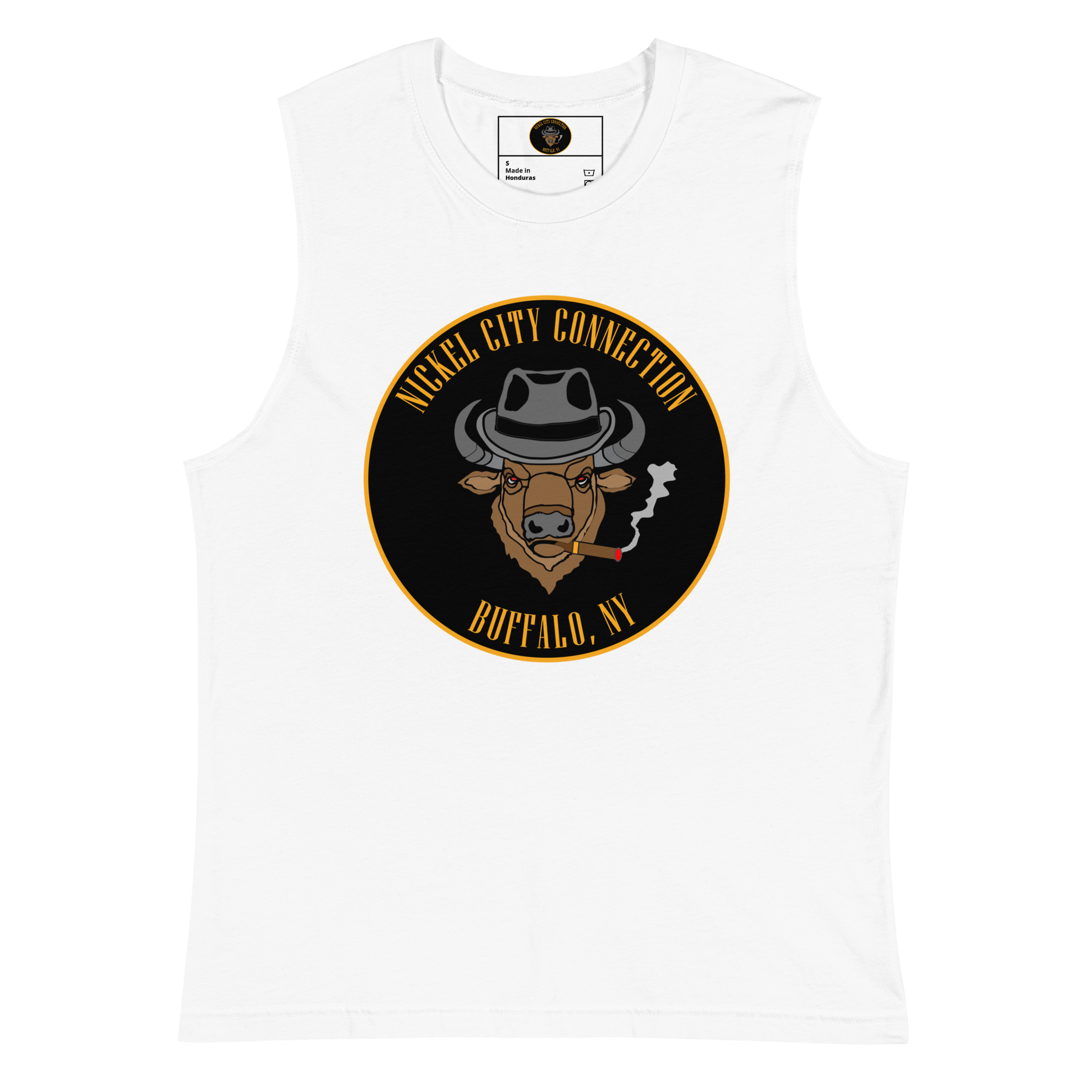 White  muscle shirt with a Logo featuring a stylized bison head wearing a fedora, smoking a cigar with visible smoke. The circular design includes bold gold text reading 'Nickel City Connection' at the top and 'Buffalo, NY' at the bottom, outlined in gold against a black background.