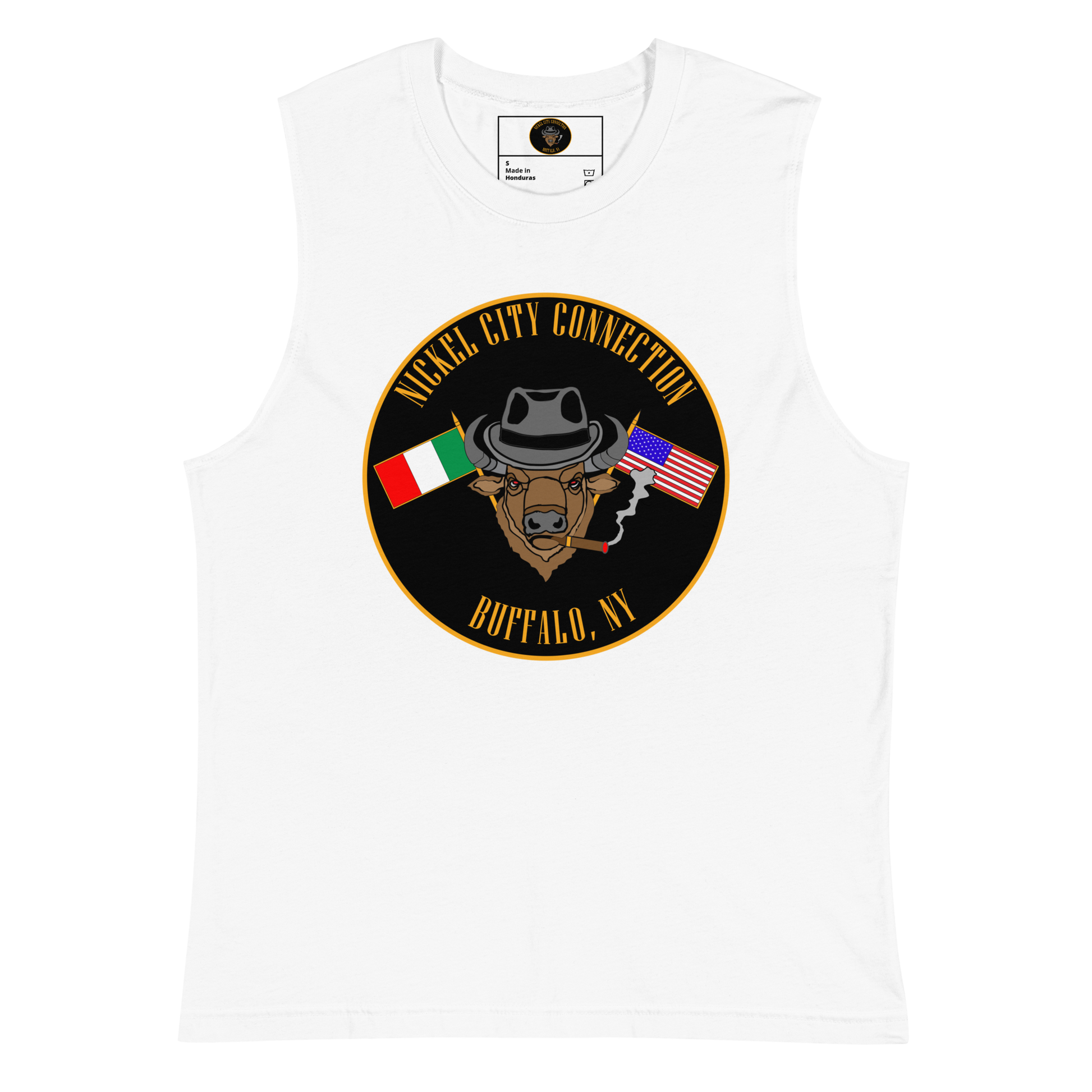 White muscle shirt with  Bison smoking a cigar and the Italian and U.S. Flags crossed.