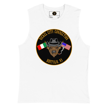 White muscle shirt with  Bison smoking a cigar and the Italian and U.S. Flags crossed.