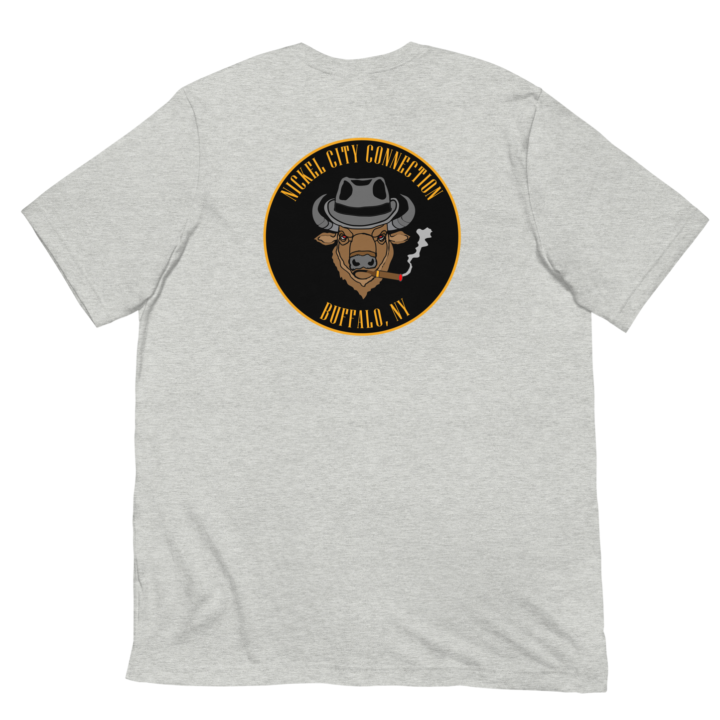 Grey t-shirt with a Logo featuring a stylized bison head wearing a fedora, smoking a cigar with visible smoke. The circular design includes bold gold text reading 'Nickel City Connection' at the top and 'Buffalo, NY' at the bottom, outlined in gold against a black background.