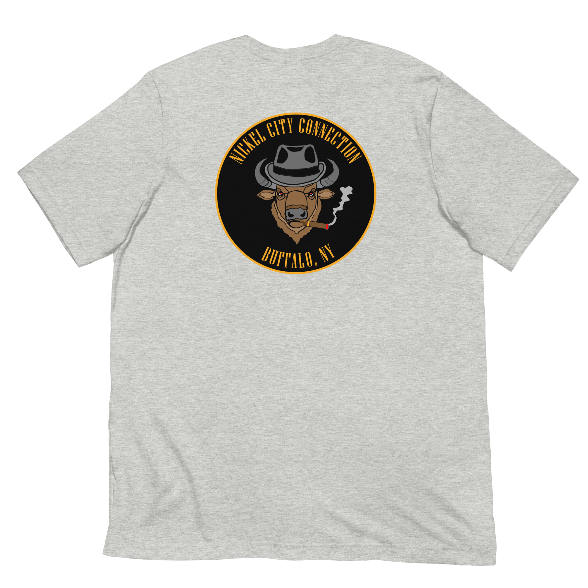 Grey t-shirt with a Logo featuring a stylized bison head wearing a fedora, smoking a cigar with visible smoke. The circular design includes bold gold text reading 'Nickel City Connection' at the top and 'Buffalo, NY' at the bottom, outlined in gold against a black background.