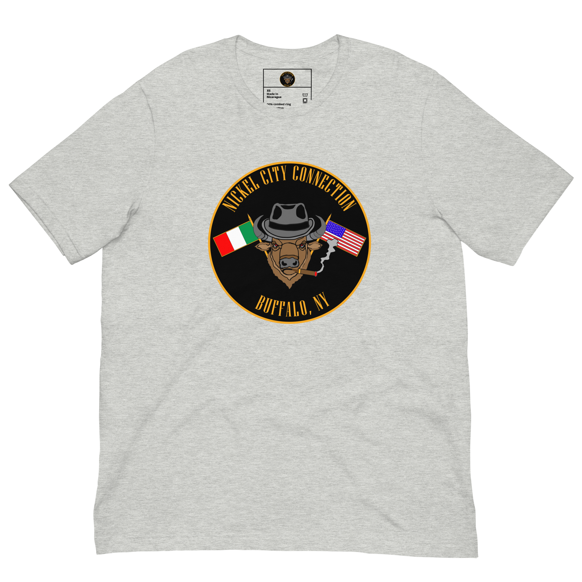 Grey T-Shirt  with  Bison smoking a cigar and the Italian and U.S. Flags crossed.