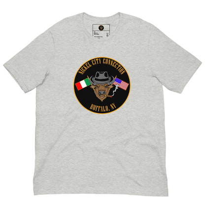 Grey T-Shirt  with  Bison smoking a cigar and the Italian and U.S. Flags crossed.