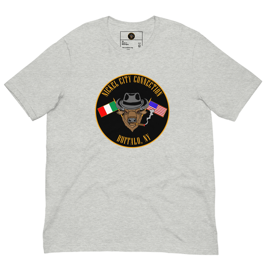 Grey T-Shirt  with  Bison smoking a cigar and the Italian and U.S. Flags crossed.