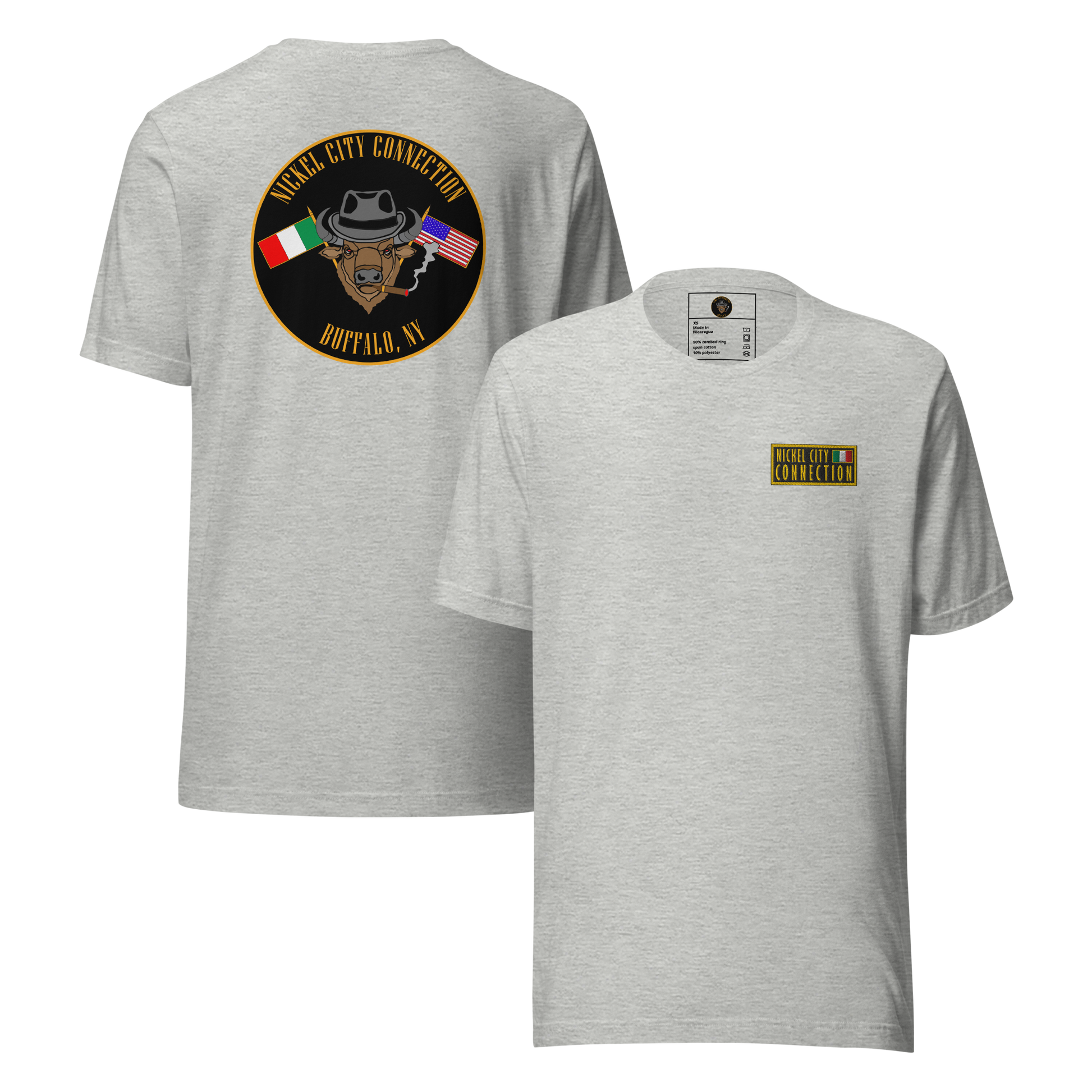 Grey t-shirt. This shirt features an embroidered patch on the front and an Italian American Pride design on the back (printed, not embroidered).