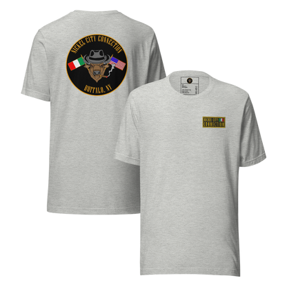 Grey t-shirt. This shirt features an embroidered patch on the front and an Italian American Pride design on the back (printed, not embroidered).