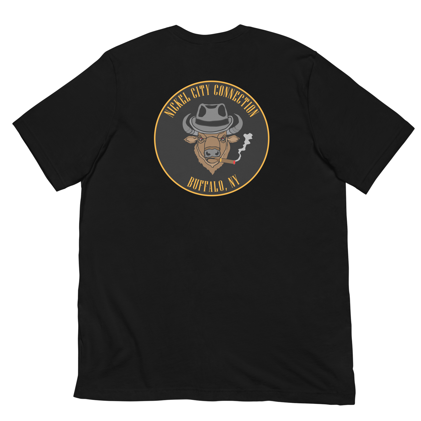 Black t-shirt with a Logo featuring a stylized bison head wearing a fedora, smoking a cigar with visible smoke. The circular design includes bold gold text reading 'Nickel City Connection' at the top and 'Buffalo, NY' at the bottom, outlined in gold against a black background.